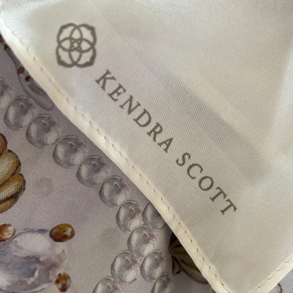 Kendra Scott Seashell & Pearl Print Silk Scarf - Soft Blue/Gray and Gold - Picture 2 of 2